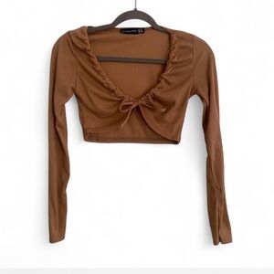 PRETTYLITTLETHING BROWN LONG SLEEVE TIE FRONT CROP TOP SIZE 6